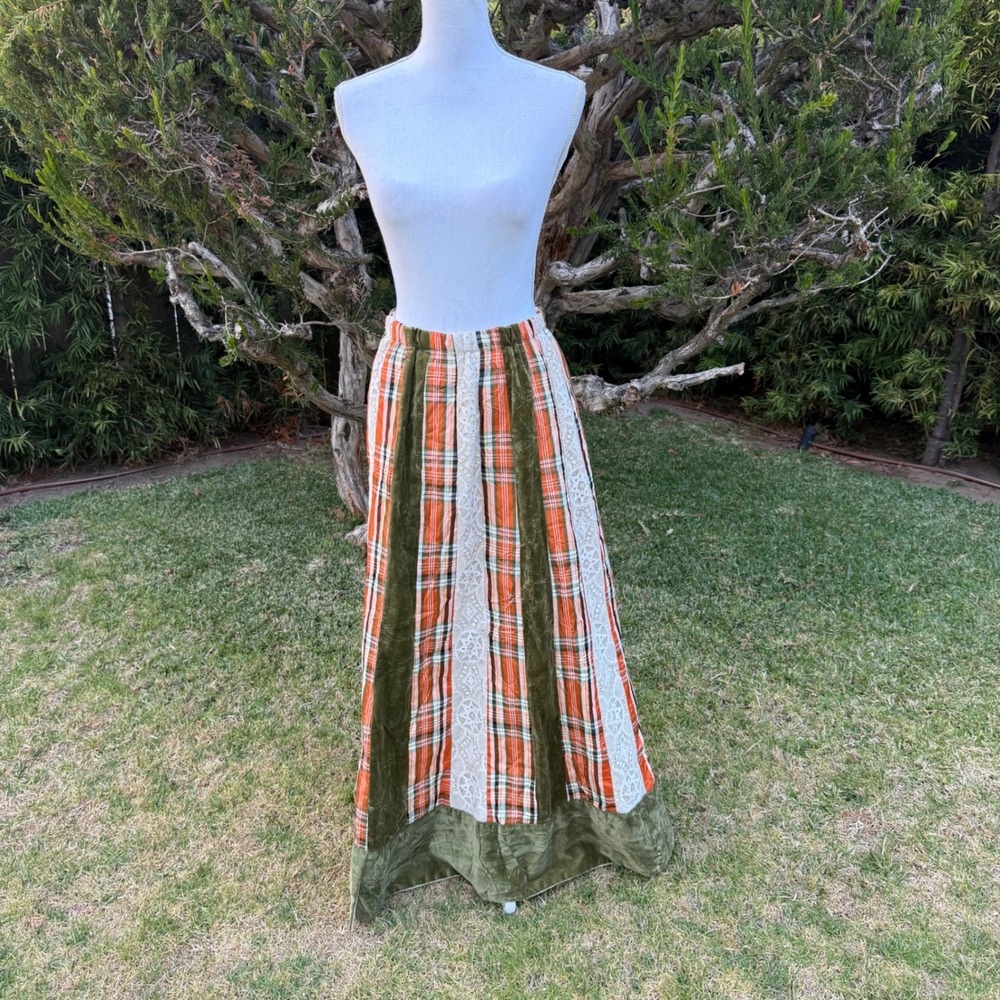 Chessa Davis Vintage Maxi Skirt Plaid Velvet Lace Patchwork Boho Orange Green 24 - Picture 3 of 8